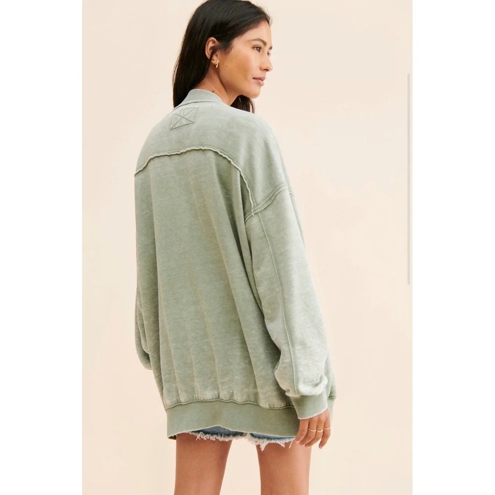 Free People Robby Bomber Jacket Washed Army Green Acid Wash Fleece Small